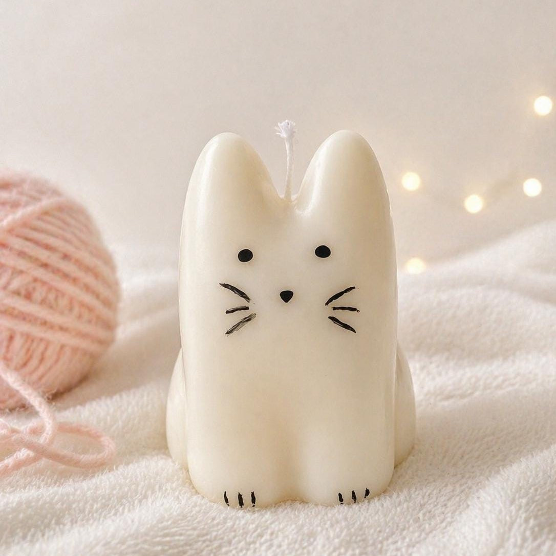 Handmade cat shaped candle in natural ivory displayed as cozy home décor