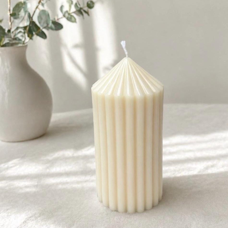 Ivory handmade ribbed pillar candle with modern minimalist home décor