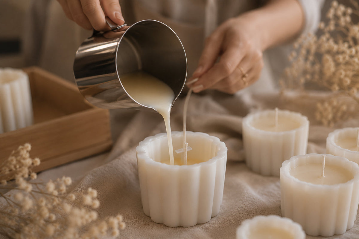 Making handmade soy candles by pouring melted soy wax into candle containers.