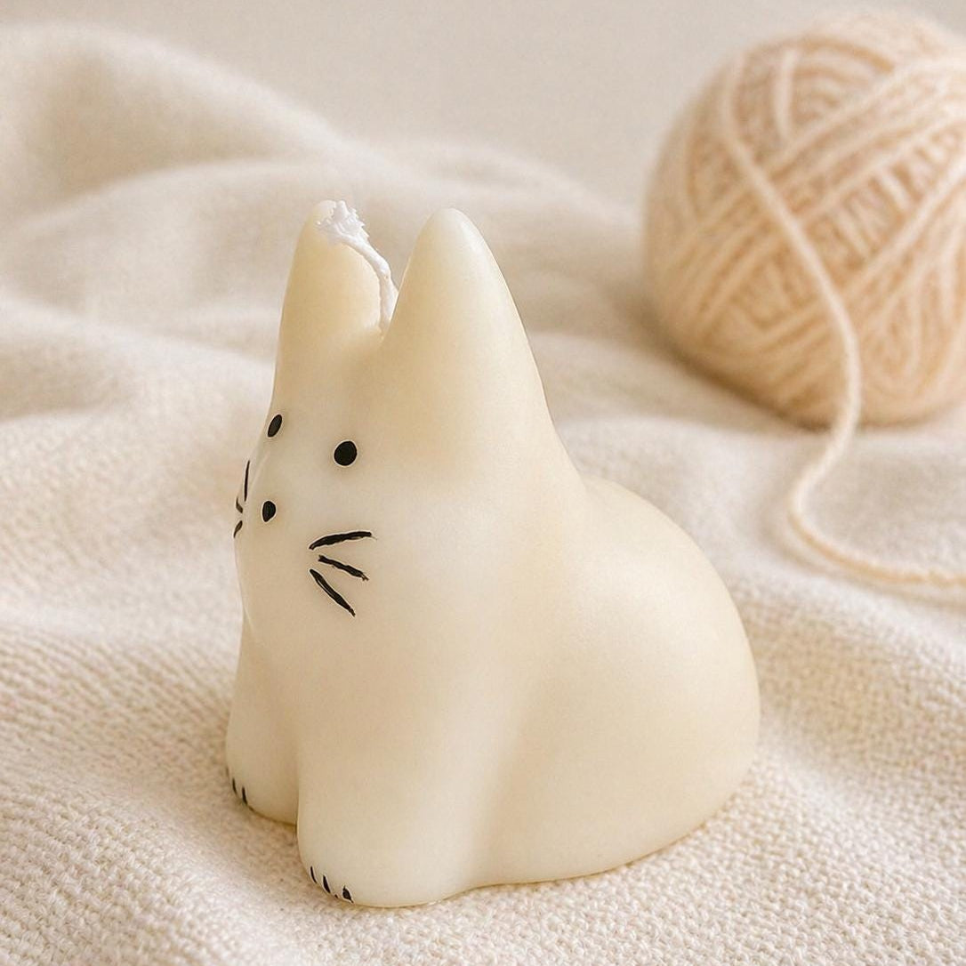 A small cream-colored cat-shaped candle with black whisker and eye details, resting on a textured cream fabric with a ball of yarn blurred in the background.